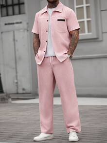 Manfinity CasualCool 男士夏季纯色灯芯绒短袖衬衫和裤子休闲套装，男士白色两件套裤装，男士白色两件套服装，男士两件套休闲西装，男士套装，男士两件套服装，适合周末旅行、户外活动、探险旅行、轻松的工作环境或半正式场合，可作为男友/丈夫礼物、周年纪念/生日礼物、派对、暑假、新年、婚礼、情人节礼物，粉色套装 - 粉色 - 查看 5
