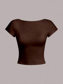 Camiseta corta con escote en la espalda, acolchada y ceñida, ideal para el verano - Café integral - Ver 2
