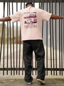 Heavens Edit Men's Fashionable Versatile Racing Culture Graphic Print Short Sleeve T-Shirt, 2000s Style - Pink - View 4