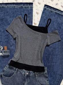 Girls' Casual 2 In 1 Streetwear T-Shirt, This T-Shirt Features Letter Slogan And Car Graphic Prints, With Cold Shoulder Short Sleeve Design, Suitable For Summer Leisure Activities, Shopping, And Photo Shoots. - Grey - View 2