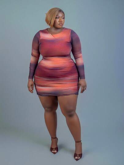 CurvyTilda 大码女式节日网眼侧褶印花长袖连衣裙，秋季