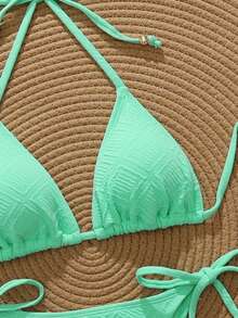 Swim Vcay Bộ bikini buộc dây cổ màu trơn gợi cảm dành cho nữ, bộ bikini mùa hè đi biển, bộ bikini đi nghỉ mát, bộ bikini tam giác, bộ bikini buộc dây, bộ bikini màu trơn. - Màu xanh Bạc hà - Xem 3