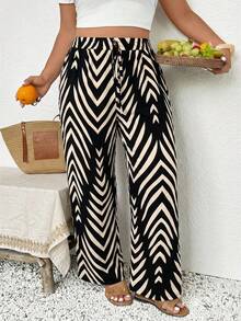 SHEIN Frenchy 大码女式腰带条纹阔腿宽松休闲裤 - 彩色 - 查看 4