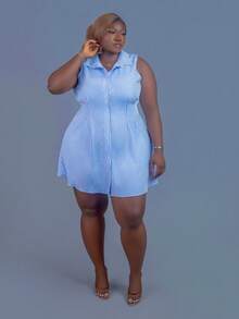 CurvyTilda 2025 春夏新款女装加大码优雅通勤休闲办公室蓝白条纹梭织面料无袖腰部收腰衬衫裙 - 藍白色 - 查看 1