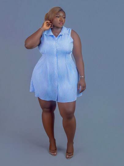 CurvyTilda 2025 春夏新款女装加大码优雅通勤休闲办公室蓝白条纹梭织面料无袖腰部收腰衬衫裙