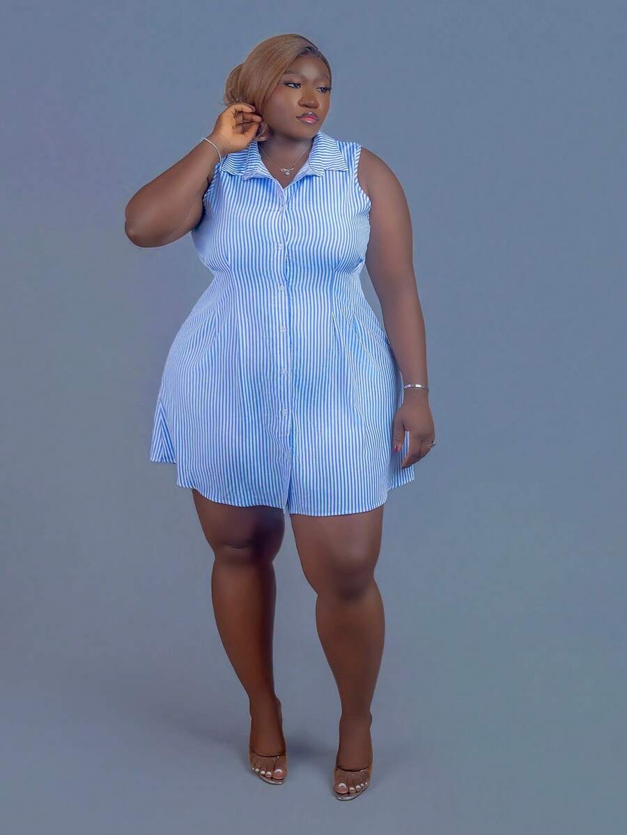 CurvyTilda 2025 春夏新款女装加大码优雅通勤休闲办公室蓝白条纹梭织面料无袖腰部收腰衬衫裙 - 藍白色 - 查看 1