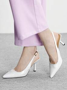 CUCCOO BIZCHIC Women's Pointed Toe White Patent Leather Backless Metal Buckle Strap Fashion Slip-On Pumps, Elegant For Commuting - White - View 5