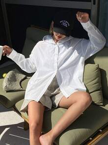 DAZY 女士撞色蕾丝宽松连帽长袖休闲度假防晒衬衫，春夏款 - 白色 - 查看 7