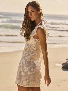 Aralina Lace Sheer Summer Spring Swim Vacation Beach Cover Up Mini Dress Ruffle Sleeve Sexy - Apricot - View 4