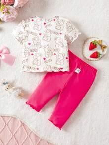SHEIN 2pcs/Set Toddler Newborn Casual, Simple, And Versatile All-Over Print Crew Neck T-Shirt And Trousers Set Is Perfect For Spring And Summer. Casual Comfortable Daily Wear (2 Random Sets Out Of 5 Sets) - Pink - View 9