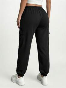 SHEIN SXY Flap Pocket Buckle Belted Cargo Pants - Black - View 2