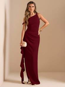 SHEIN BAE Autumn/Winter Bridesmaid Dress, Party Oblique Shoulder Twist Knot Strapless Sexy Pleated High Slit Ruffle Wrap Long Dress, Elegant Ruffle Hem Maxi Oblique Shoulder Dress For Women - Burgundy - View 3