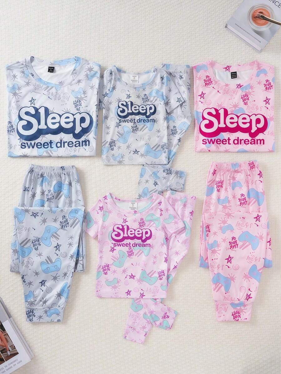 Young Girl' Pink Stylish Splatter Paint Game Console Print Short Sleeve & Pants 2 Pieces Snug Fit Loungewear Set - Multicolor - View 1
