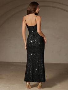 Revavyn Sequin Slip Dress, Minimalist & Elegant Design, Suitable For Evening Gala, Party - Black - View 2