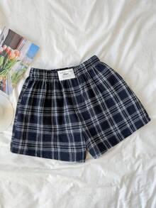 SHEIN 少女蓝白格子印花松紧腰贴布休闲短裤 - 藍白色 - 查看 6