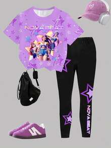 Bộ 2 món gồm áo nỉ ngắn tay và quần legging in hình trái tim hoạt hình K-Pop dành cho bé gái, thích hợp mặc hàng ngày và đi nghỉ mát, thoải mái và ấm áp. - Hồng - Xem 4