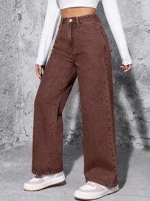 SHEIN PETITE 女式高腰口袋阔腿宽松休闲百搭牛仔裤 - 咖啡棕 - 查看 4