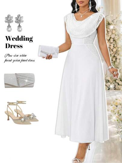 Fleurora Vestido de fiesta de verano para mujer de talla grande, elegante, con cuello drapeado y cintura ceñida con encaje de contraste