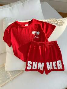 SHEIN 2pcs/Set Baby Boy Summer Casual Vacation Knit Red Printed Pattern Loose T-Shirt And Red Shorts Set - Multicolor - View 1