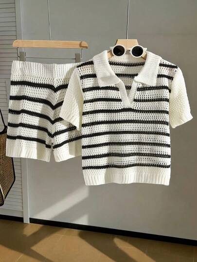 GlowEve Women's Vacation Casual Striped Hollow-Out Knit Top And Shorts 2 Pieces Set