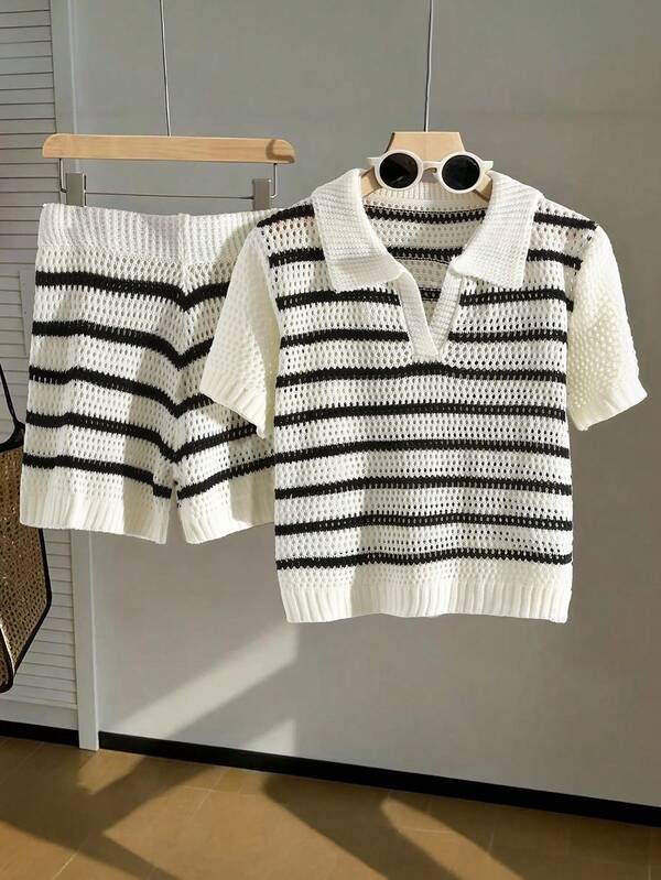 Lyxana Women's Vacation Casual Striped Hollow-Out Knit Top And Shorts 2 Pieces Set