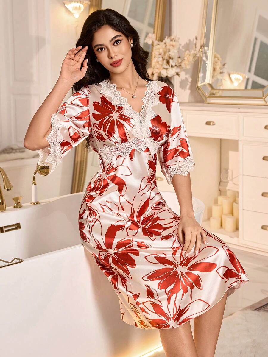 LuxeNights Camisón elegante y maduro con estampado floral, vestido largo y suelto de estilo romántico francés, camisón largo elegante con aplicaciones de encaje para mujeres - Rojo y blanco - Ver 1