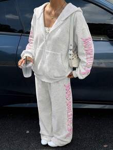 Muchica 2pcs/Set Women Pink Knitted Hoodie Top And Pants - Light Grey - View 4