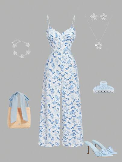 SHEIN MOD Elegant blommig jumpsuit med vida ben för kvinnor, semesterkläder