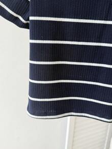 SHEIN Tween Girl Casual Mixed Striped Knit Crew Neck Short Sleeve Top - Navy Blue - View 4