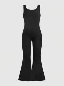 SHEIN Tween Girls' Summer Casual Solid Color Backless Sleeveless Jumpsuit Girl Gym Clothes Teen Girl Clothes Y2k Mother Daughter Matching Jumpsuit Jumpsuit Girls - Black - View 6