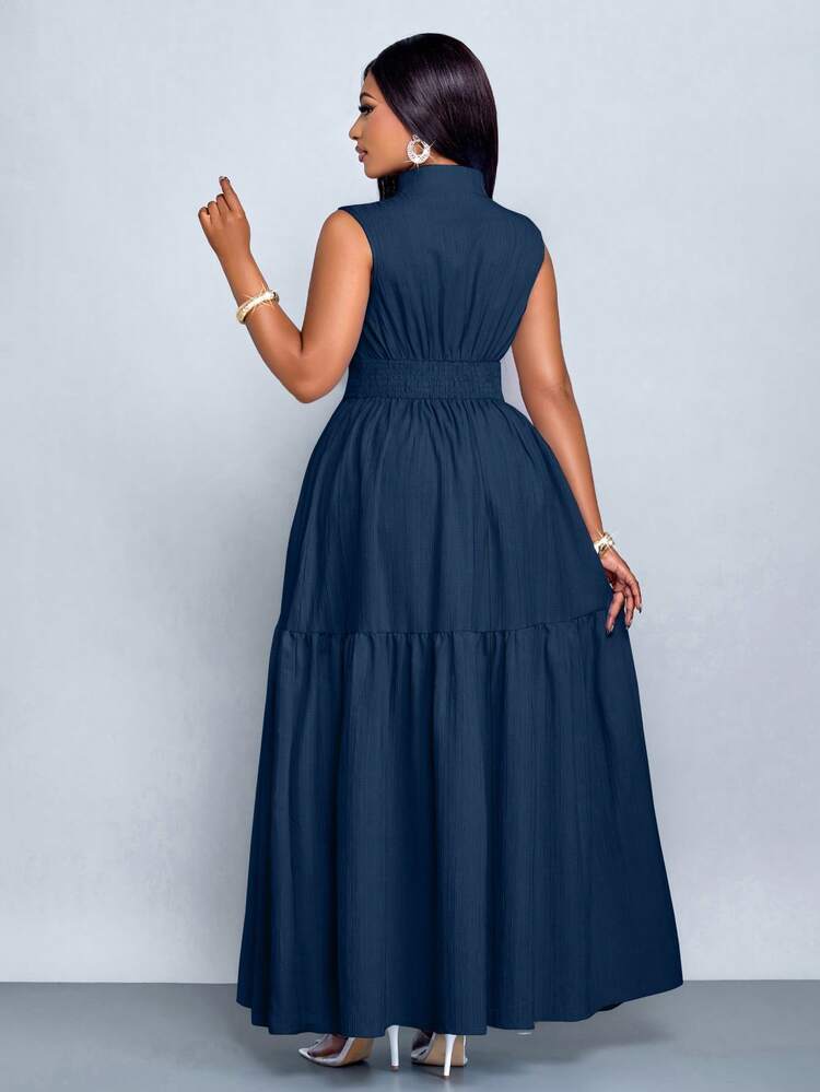 SOLERSUN Plus Size Blue Color Stand Collar Front Cut Out Sleeveless Cinched Waist Tie Knot Dress Women Elegant Casual Fashion Commuter,Going Out Dress,Summer New Women's Clothing - Navy Blue - View 2