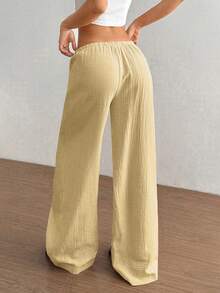 FavEase 2026新款柔软棉纱休闲宽松直筒裤，低腰纯色休闲裤，浅黄色阔腿裤，女士沙滩裤，女士夏季裤，波西米亚风裤，宽松裤，阔腿裤，高腰裤 - 黃色 - 查看 2