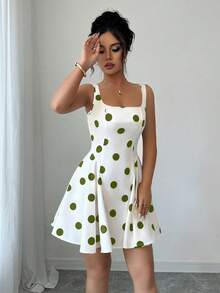 Elenzga 方领黑色波点优雅短裙 - 綠色 - 查看 3