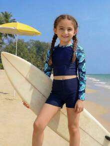 SHEIN Tween Girl Raglan Sleeve Tropical Plant Print Top And Shorts Swimsuit Set - Navy Blue - View 2