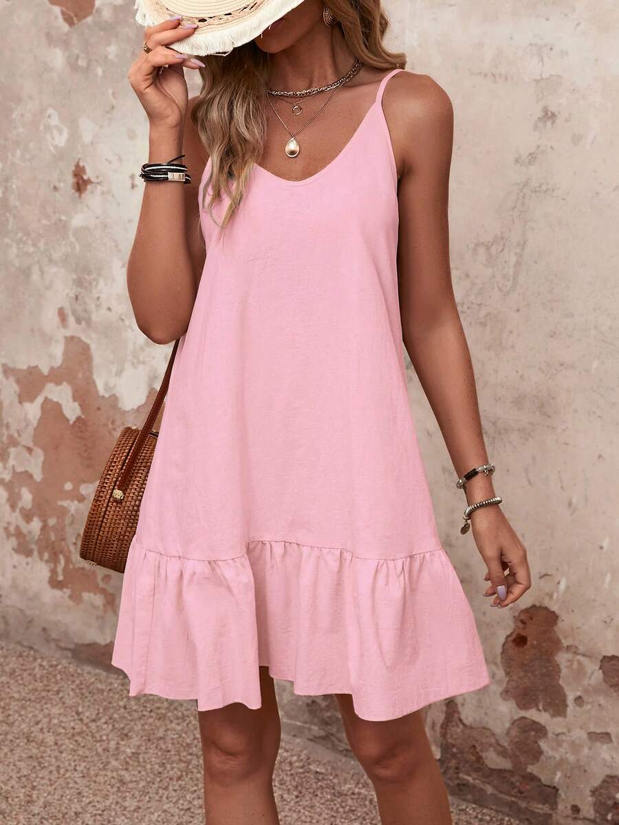 SHEIN VCAY Summer Casual Solid Color Ruffle Strap Dress - Baby Pink - View 1