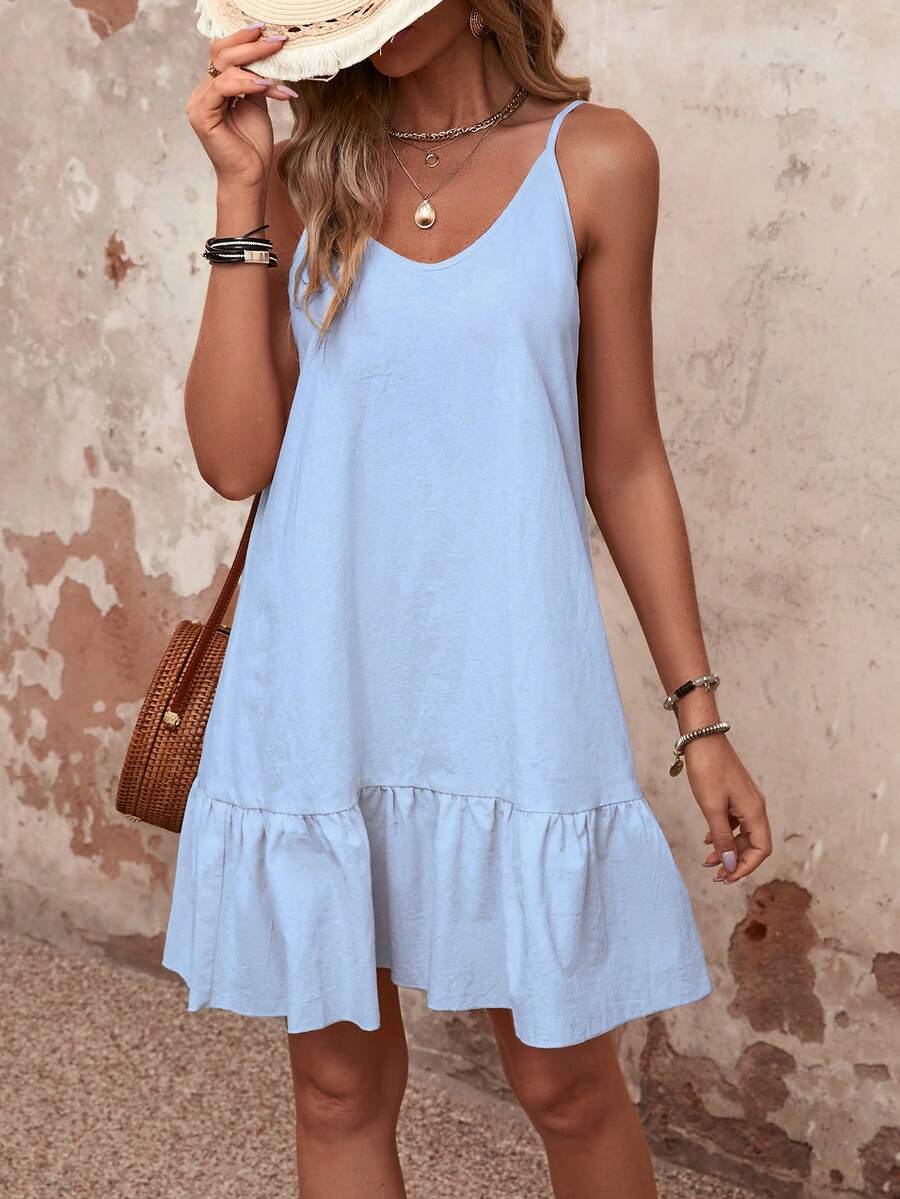 SHEIN VCAY Women's Casual Ruffled Hem Sleeveless Dress - Baby Blue - View 1
