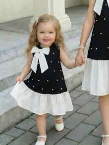 SHEIN Baby Girl Beaded Big Bow Decor Contrast Color Sleeveless Dress - Multicolor - View 4