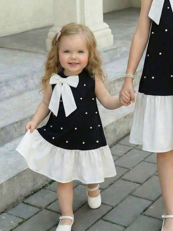 SHEIN Baby Girl Beaded Big Bow Decor Contrast Color Sleeveless Dress