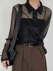 FRIFUL Women's Loose Sheer Mesh Polo Collar Blouse, Lightweight Summer Top - Black - View 5
