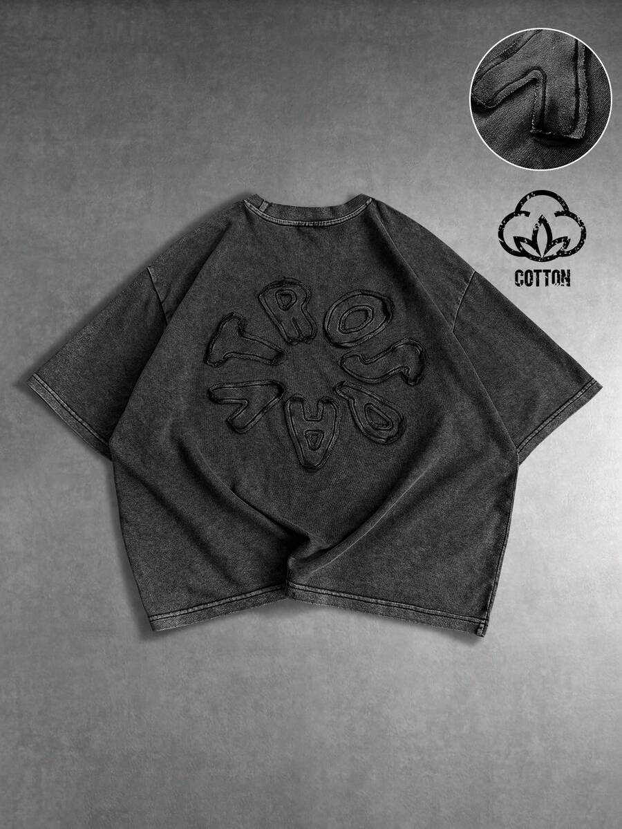 PAVTROS 男士时尚雪花图案圆领短袖T恤 - 黑色 - 查看 1