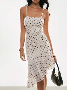 Poéselle 女士波点印花褶皱不对称荷叶边下摆时尚吊带连衣裙 - 米色 - 查看 5