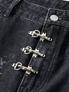 ROMWE MEN Goth Herren Lässige Denim Shorts mit Blume Muster und Tasche, locker geschnitten - Schwarz - Übersicht 3