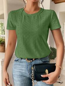 SHEIN Frenchy Solid Eyelet Embroidery Round Neck Tee - Green - View 6