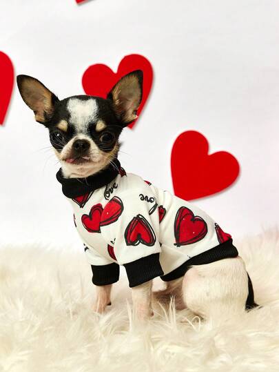 PETSIN 1 röd tröja med kärleksbrev, tjock och varm husdjursmodell för höst och vinter, svartvit färgmatchning