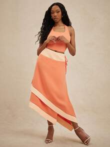 NYA SZN Matching Set Top And Skirt Halter Neck Camisole Tank Sleeveless Midi Skirt Fit And Flare Spring Summer Event Party Elegant Luxury Occasion Outfits For Women - Orange - View 3