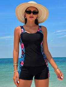 Swim Lushoire 2pcs Women's Vintage Floral Print Patchwork Vacation Mature Style Camisole Bikini Set, Classic Camisole Bikini Two Pieces Suit, Spring/Summer - Black - View 5