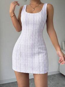 Selianne 女士夏季格子圆领无袖优雅连衣裙，适合新年穿着 - 淡紫色 - 查看 4