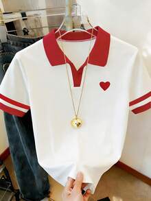 Resyla 女士撞色爱心刺绣Polo衫短袖T恤 - 彩色 - 查看 6