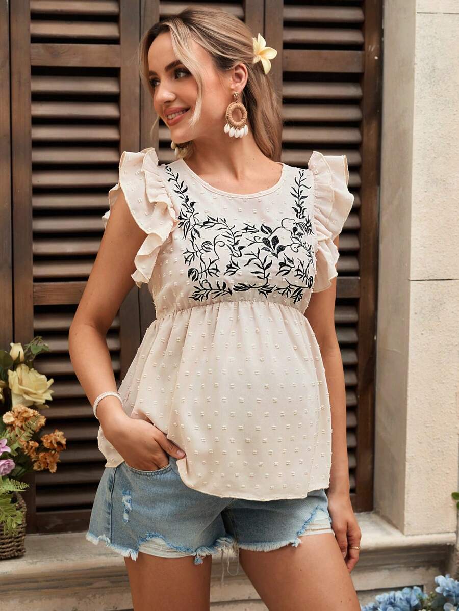 SHEIN 花卉刺绣荷叶边下摆孕妇上衣 - 杏色 - 查看 1