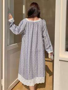 Dazy Plus Plus Size Women Ditsy Floral Square Neck Long Sleeve Button Design Loose Nightgown Pajamas - Dusty Blue - View 2